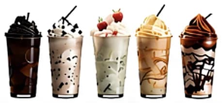 Cinco milkshakes con sus toppings